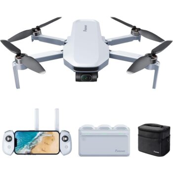 Image of the Potensic ATOM 3-Axis Gimbal 4K GPS Drone Fly More Combo, showcasing the compact white drone with extended propellers, a 4K camera, a remote controller paired with a smartphone displaying a beach scene, a charging hub for three batteries, and a sleek carrying case.