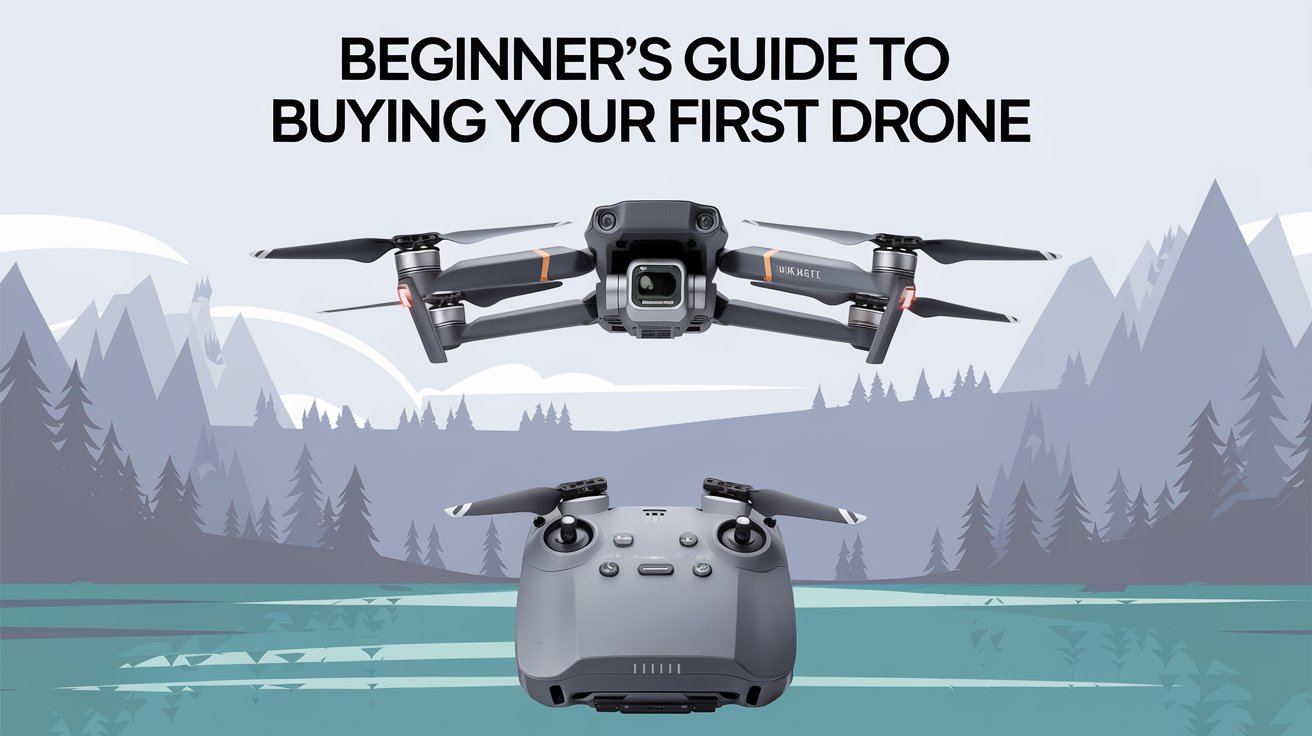 A beginner's guide to buying your first drone. The image is a book cover with a drone flying in the sky. Below the drone, there's a remote controller.