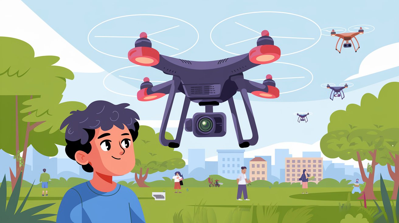 An illustration of a young boy flying a drone. The drone is equipped with a camera and is hovering above a park. The background contains trees, buildings, and other people. There are multiple drones in the sky. The ground is covered with green grass.