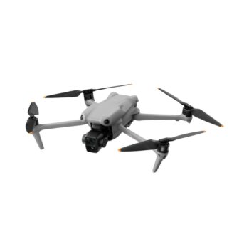 DJI Air 3 gray quadcopter drone with four propellers, featuring a camera mounted on a gimbal at the front, designed for aerial photography and videography.