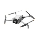 DJI Mini 4 Pro drone with extended propellers and a mounted camera, showcasing its compact, lightweight design in mid-flight position against a plain white background.