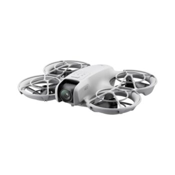 Compact white DJI Neo drone with a sleek design, protective propeller guards, and a forward-facing camera featuring a single-axis gimbal for stabilized footage. Perfect for indoor navigation and capturing high-quality aerial imagery.