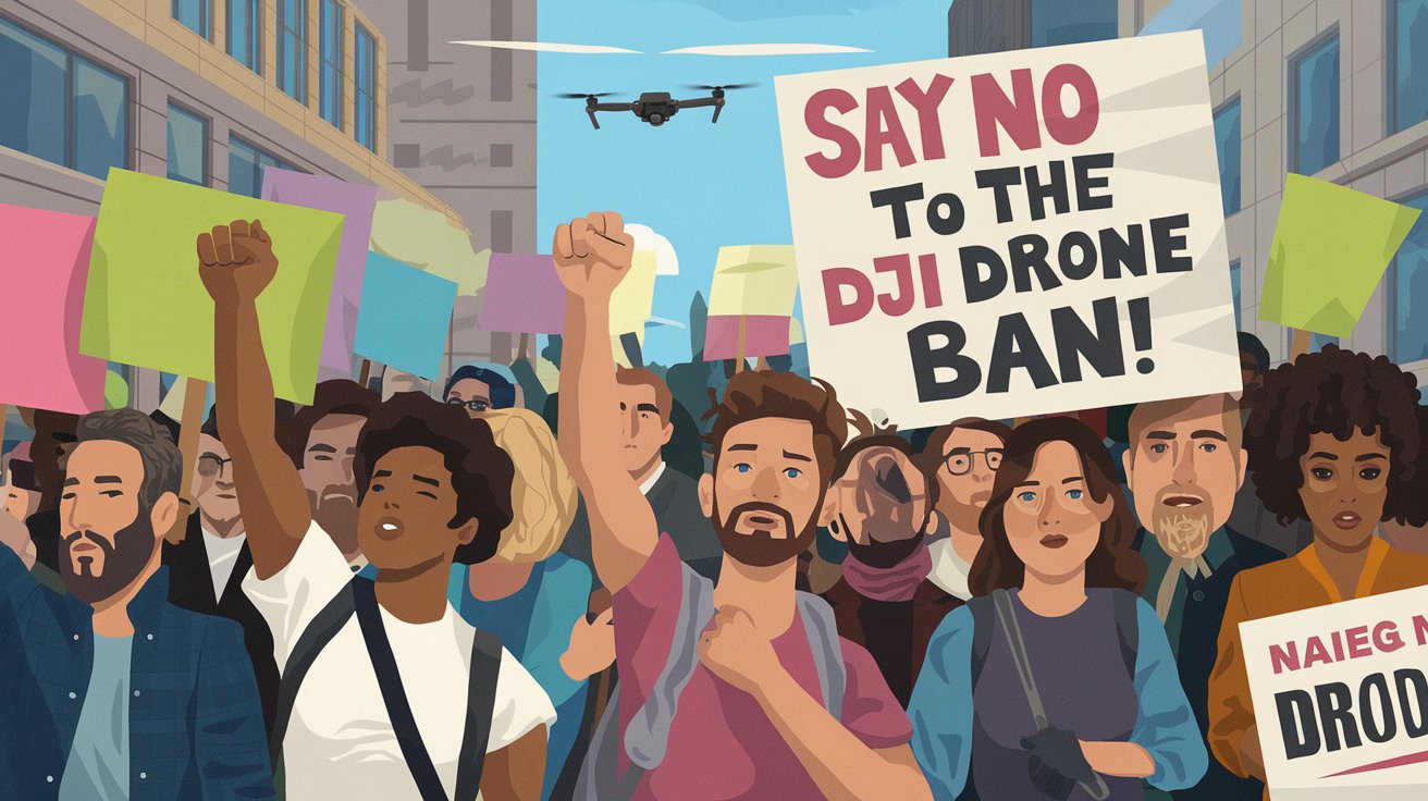 A diverse group of protesters, representing various ages and ethnicities, gather to oppose a DJI drone ban. They hold signs with messages like "SAY NO TO THE DJI DRONE BAN!" while a drone flies overhead.