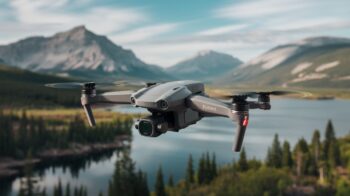 A drone with a camera mounted on it flies over a scenic landscape with mountains, trees, and a body of water. The drone is equipped with a gimbal to stabilize the camera. The background contains a clear sky with a few clouds. The photo is part of a guide to drone photography and videography.