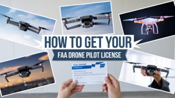 A video tutorial with the title "How to Get Your FAA Drone Pilot License". The video quality is high and the lighting is bright. The background is a clean, white wall. The video contains several clips of flying drones and people holding the FAA drone pilot license.