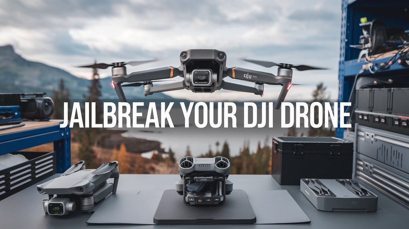 A sleek, professional setup for modifying a DJI drone displayed outdoors. A DJI drone hovers mid-air, while two additional drones and a variety of tools sit neatly on a workbench. A picturesque mountain and lake background enhance the setting. Bold text across the image reads "Jailbreak Your DJI Drone.