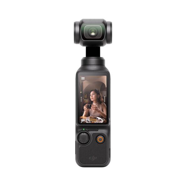 A DJI Osmo Pocket 3 handheld gimbal camera with a touchscreen display showing a woman holding a camera in a well-lit indoor setting. The device has a compact design, featuring a lens on a stabilized head at the top and control buttons, including a joystick and record button, on the front.