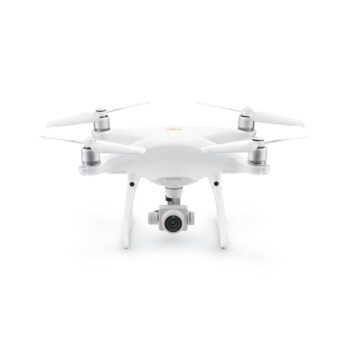 Front view of the DJI Phantom 4 Pro V2.0 drone, showcasing its sleek white design, 4 propellers, and integrated 3-axis gimbal camera, ideal for professional aerial photography and videography.