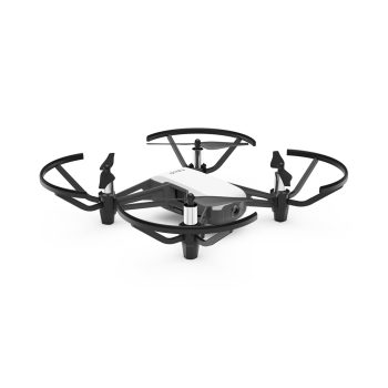 A compact DJI Tello Boost Combo Drone with a sleek white body and black propeller guards, featuring a camera on the front for capturing HD videos and photos, designed for lightweight portability and beginner-friendly flying.