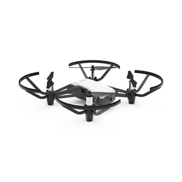 A compact DJI Tello Boost Combo Drone with a sleek white body and black propeller guards, featuring a camera on the front for capturing HD videos and photos, designed for lightweight portability and beginner-friendly flying.