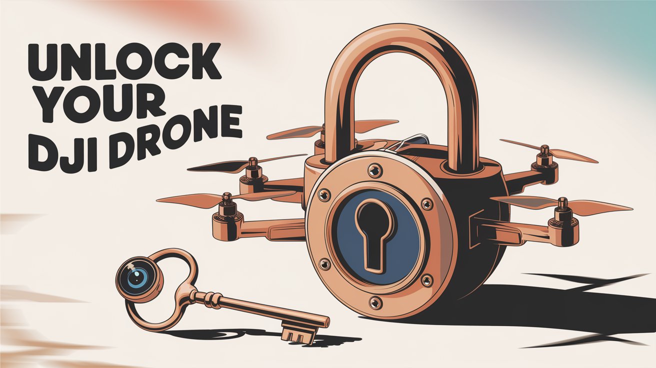 An illustration showing a DJI drone transformed into a padlock design, symbolizing security or restrictions. The image features a large padlock integrated into the drone's body, surrounded by propellers, and a key nearby with a camera lens as its head. The bold text reads "UNLOCK YOUR DJI DRONE," emphasizing the concept of removing restrictions or enabling new features. The color palette consists of copper and neutral tones, creating a clean and modern aesthetic.