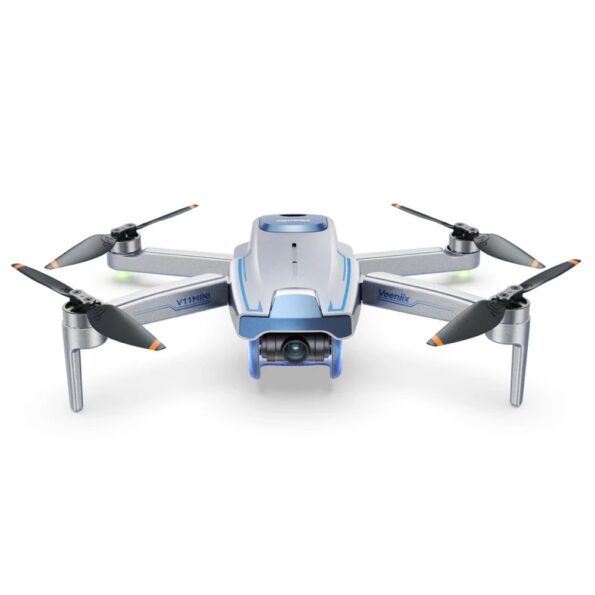 A compact silver drone with four black propellers, featuring a front-facing camera and blue accents. The model name "V11MINI" is visible on the body.