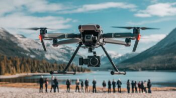 A camera-equipped drone hovers above a lakeside area framed by mountains in the background and a small group of onlookers standing in the distance.