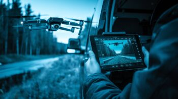 A drone operator stands by a forested roadside, using a tablet to control a quadcopter hovering in mid-air.