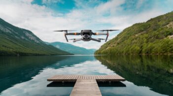 A drone flying over a serene landscape with a calm lake surrounded by lush green mountains and a wooden dock. The drone is a budget-friendly model with a white and orange design. The background contains a clear sky with a few clouds.