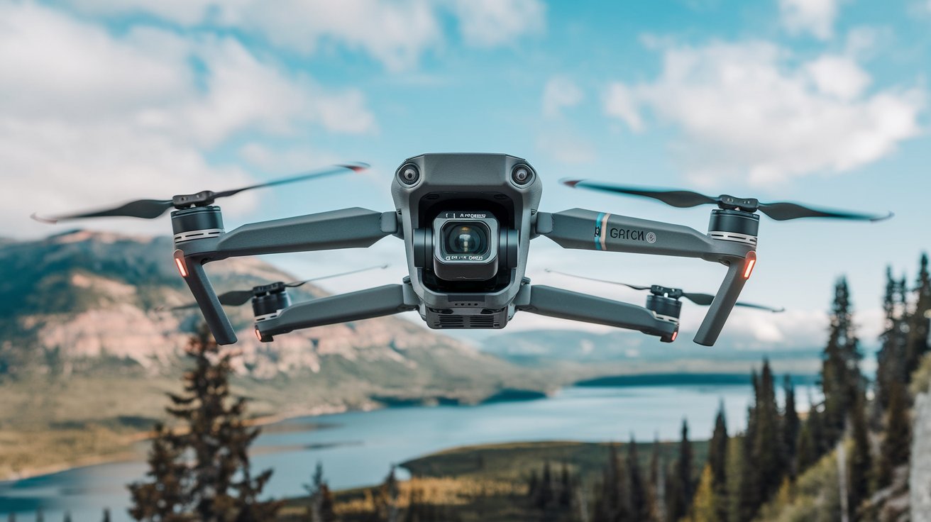 A DJI drone in flight, capturing a scenic view of a lake, mountains, and pine trees under a partly cloudy sky, showcasing its aerial photography capabilities.