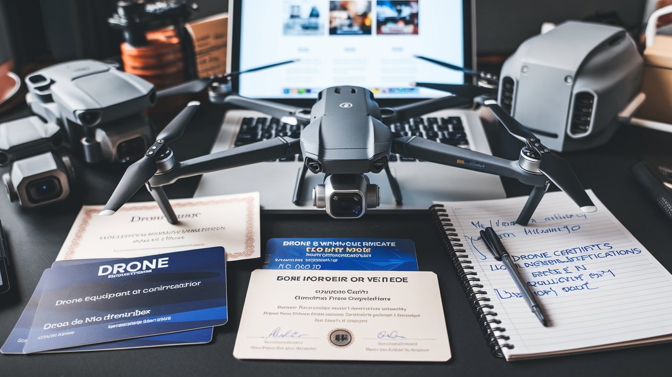 "A professional drone setup on a desk, featuring a DJI drone prominently positioned in front of a laptop displaying a webpage. Surrounding the drone are various drone certifications and cards, including a formal certificate and blue identification cards, along with a notebook listing 'Drone Certifications' and other notes. Additional drone equipment, a pen, and miscellaneous items like a coffee cup are scattered on the desk, creating a workspace for a drone pilot or enthusiast.