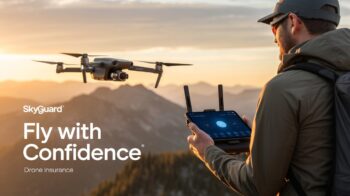 A drone operator in a mountainous landscape at sunset holds a tablet displaying a drone control app, with a drone flying in the background. Text overlay reads "SkyGuard Fly with Confidence Drone Insurance.