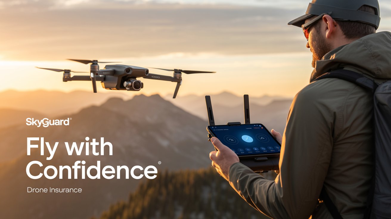 A drone operator in a mountainous landscape at sunset holds a tablet displaying a drone control app, with a drone flying in the background. Text overlay reads "SkyGuard Fly with Confidence Drone Insurance.