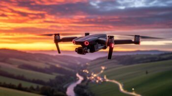 Sleek black drone flying over a winding river and rolling hills at sunset, with vibrant orange and purple skies in the background.