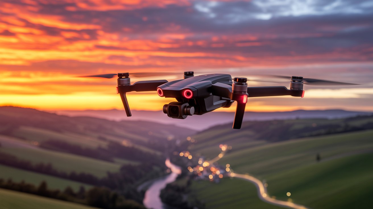 Sleek black drone flying over a winding river and rolling hills at sunset, with vibrant orange and purple skies in the background.